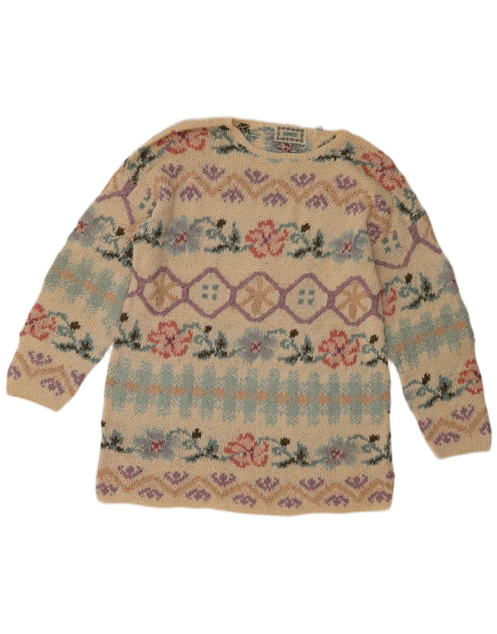 Express Womens Crew Neck Jumper Sweater UK 12 Medium Beige Floral Silke