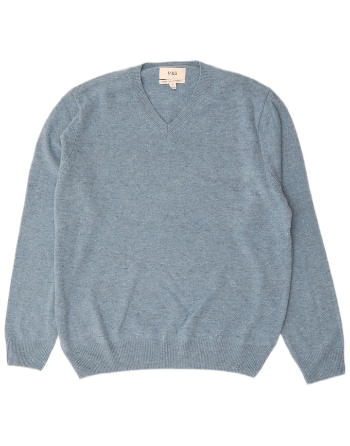 Marks & Spencer Herre V-hals sweater XL Blå Flecked Lammeuld