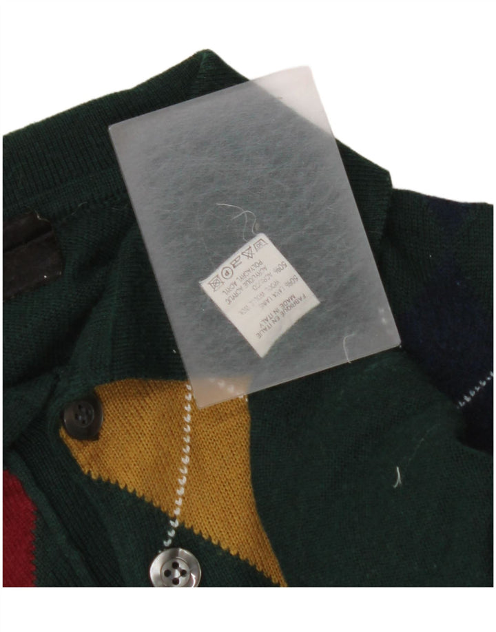 VINTAGE Polo-halstrøje til mænd Small Green Argyle/Diamond Wool
