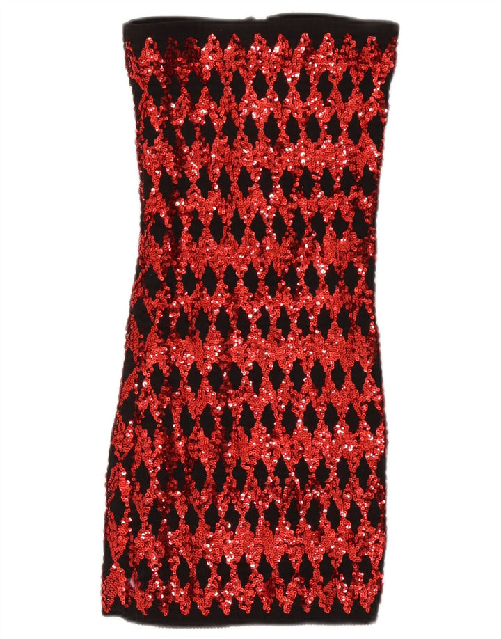 Vintage Dame Paillet Stropløs Top UK 14 Stor Rød Geometrisk