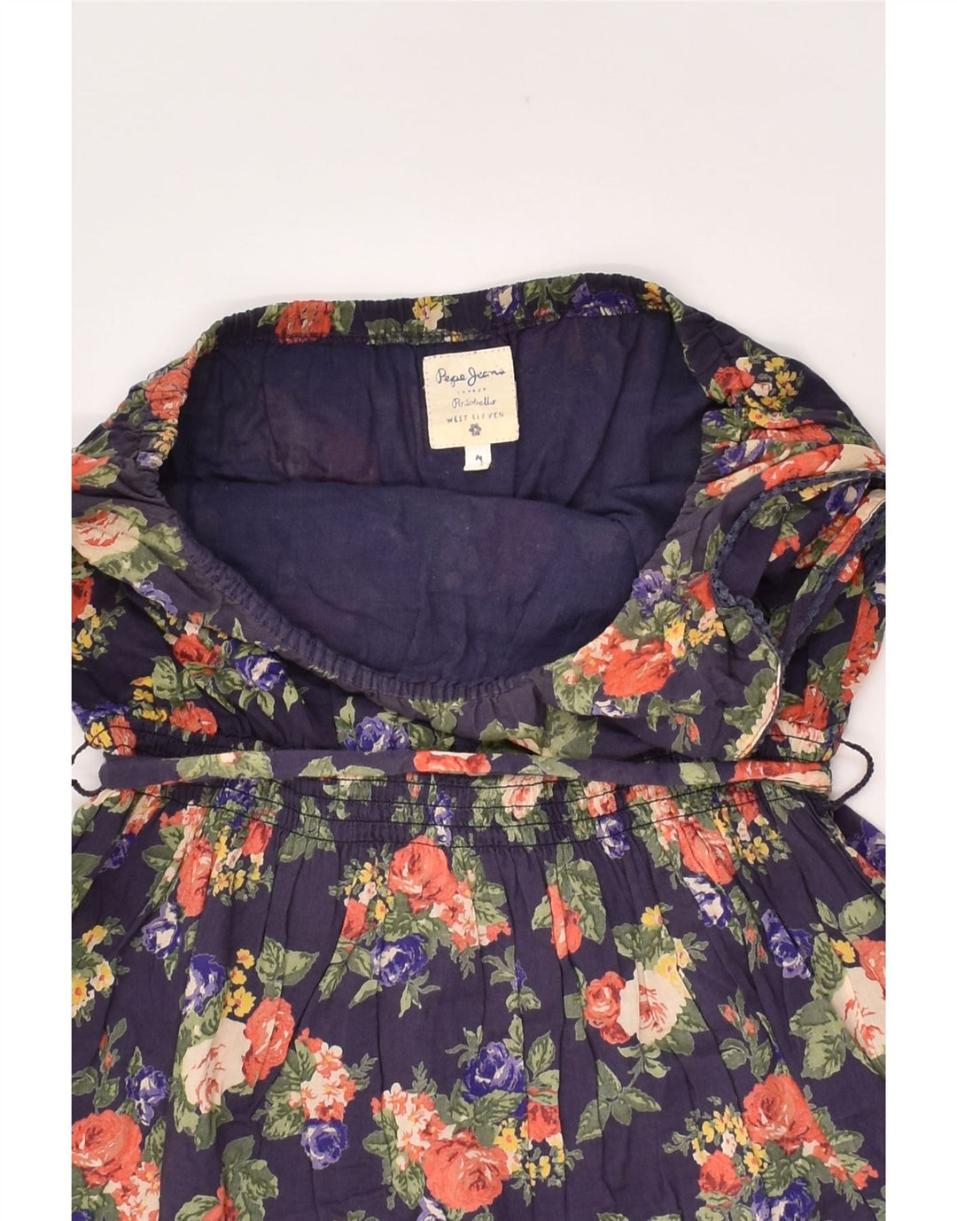 PEPE JEANS Womens Off Shoulder Dress UK 12 Medium Navy Blue Floral Cotton | Vintage PEPE Jeans | Thrift | Second-Hand PEPE Jeans | Used Clothing | Messina Hembry 