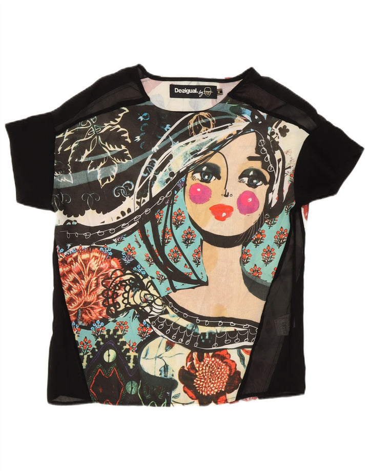 Desigual Dame Se Through Grafisk T-Shirt Top UK 14 Medium Flerfarvet