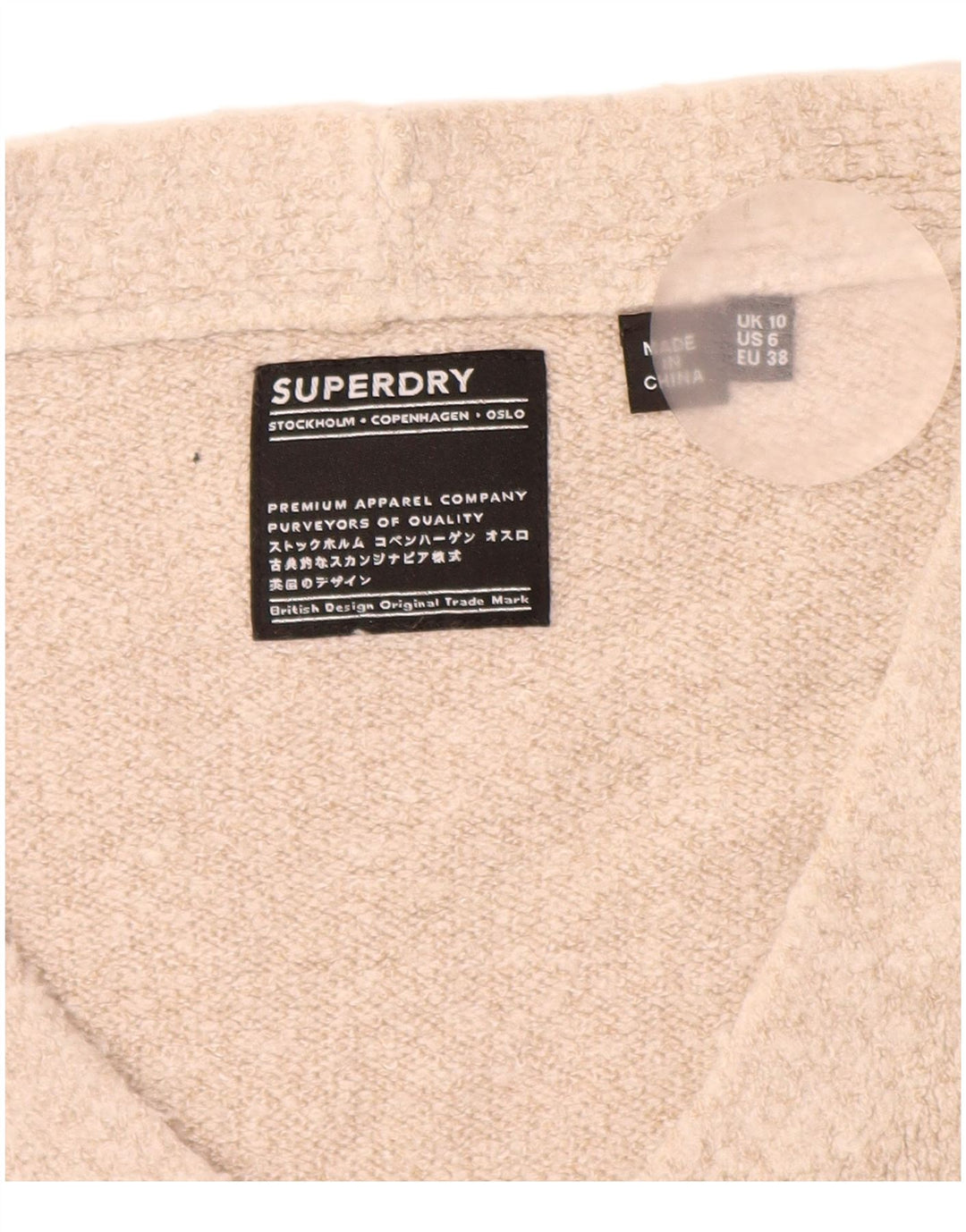 SUPERDRY Dame Oversized V-hals sweater UK 10 Small Beige Akryl