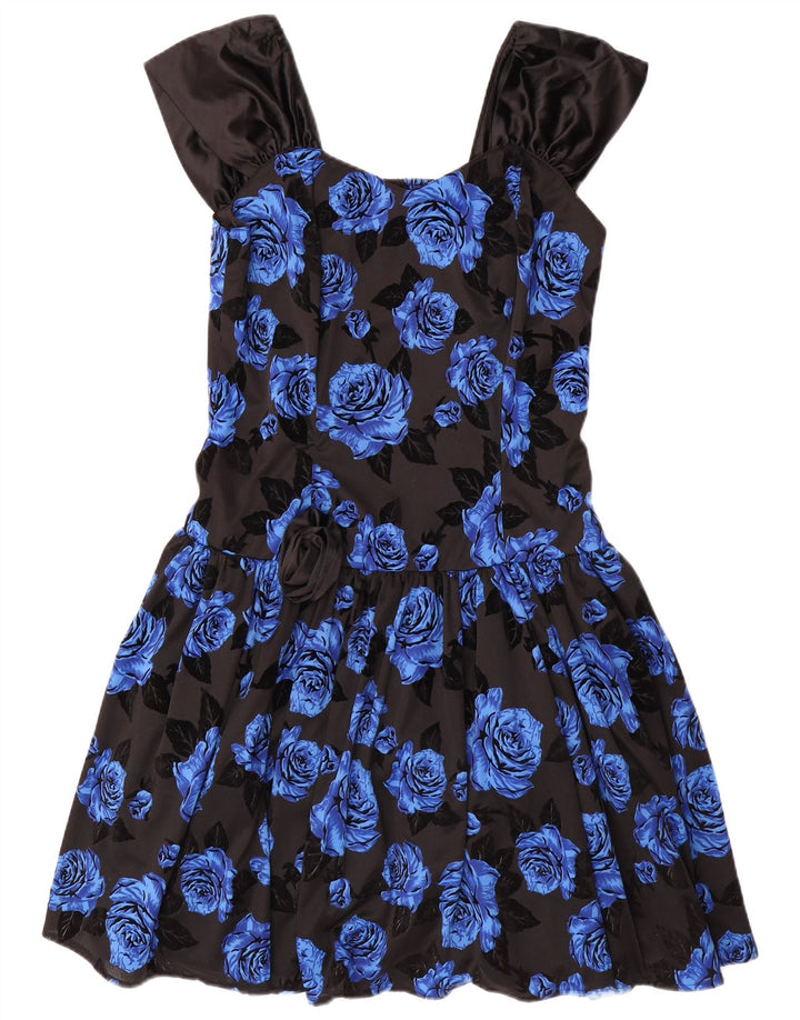 VINTAGE ærmeløs A-line kjole til kvinder IT 42 Medium Blue Floral Polyester