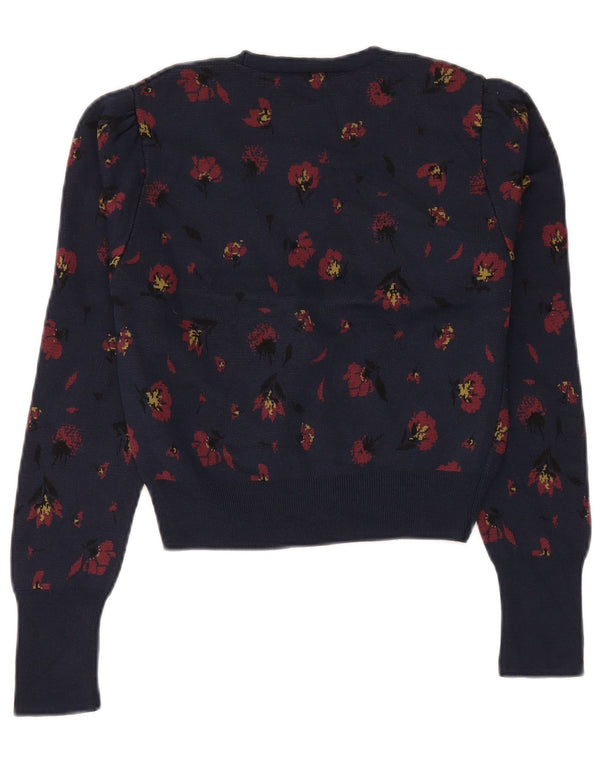 ZARA Womens Crop Cardigan Sweater UK 10 Small Navy Blue Floral Polyamid