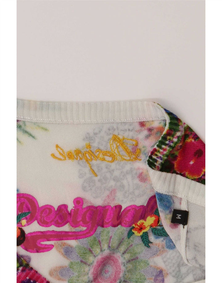 Desigual Dame V-hals Jumper Sweater UK 12 Medium Multicolored Floral