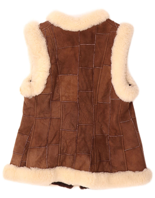 VINTAGE Dame Shearling Gilet EU 36 lille brun patchwork læder