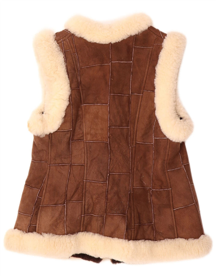 VINTAGE Dame Shearling Gilet EU 36 lille brun patchwork læder