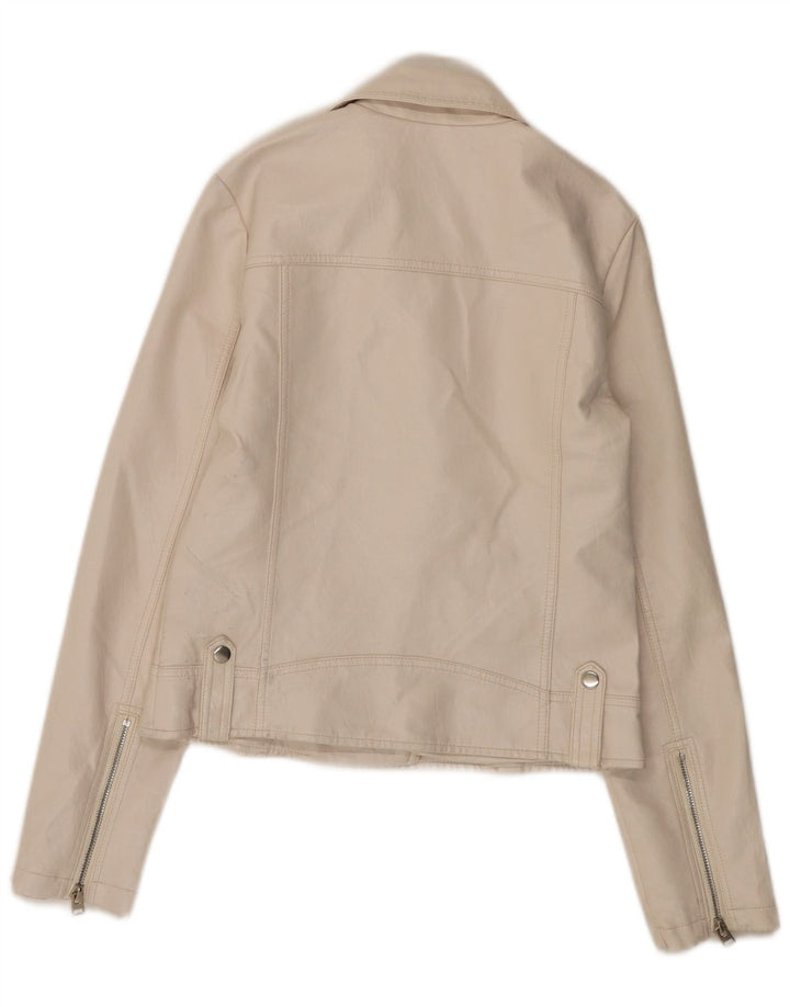Topshop Biker-jakke i imiteret læder til kvinder UK 8 Small Off White Polyurethane