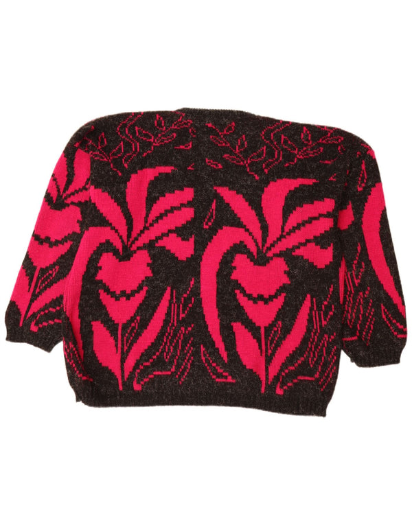 VINTAGE Womens Boat Neck Jumper Sweater UK 20 2XL Black Floral Acryl