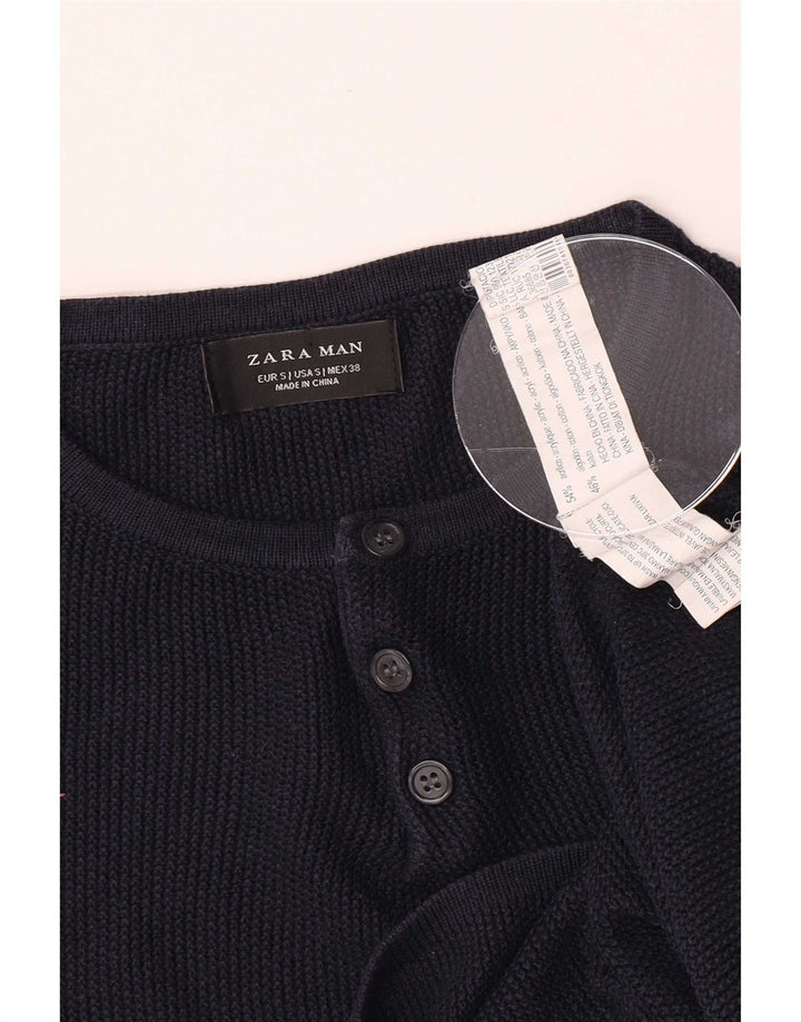 Zara Herre Button Neck Jumper Sweater Small Navy Blue Akryl