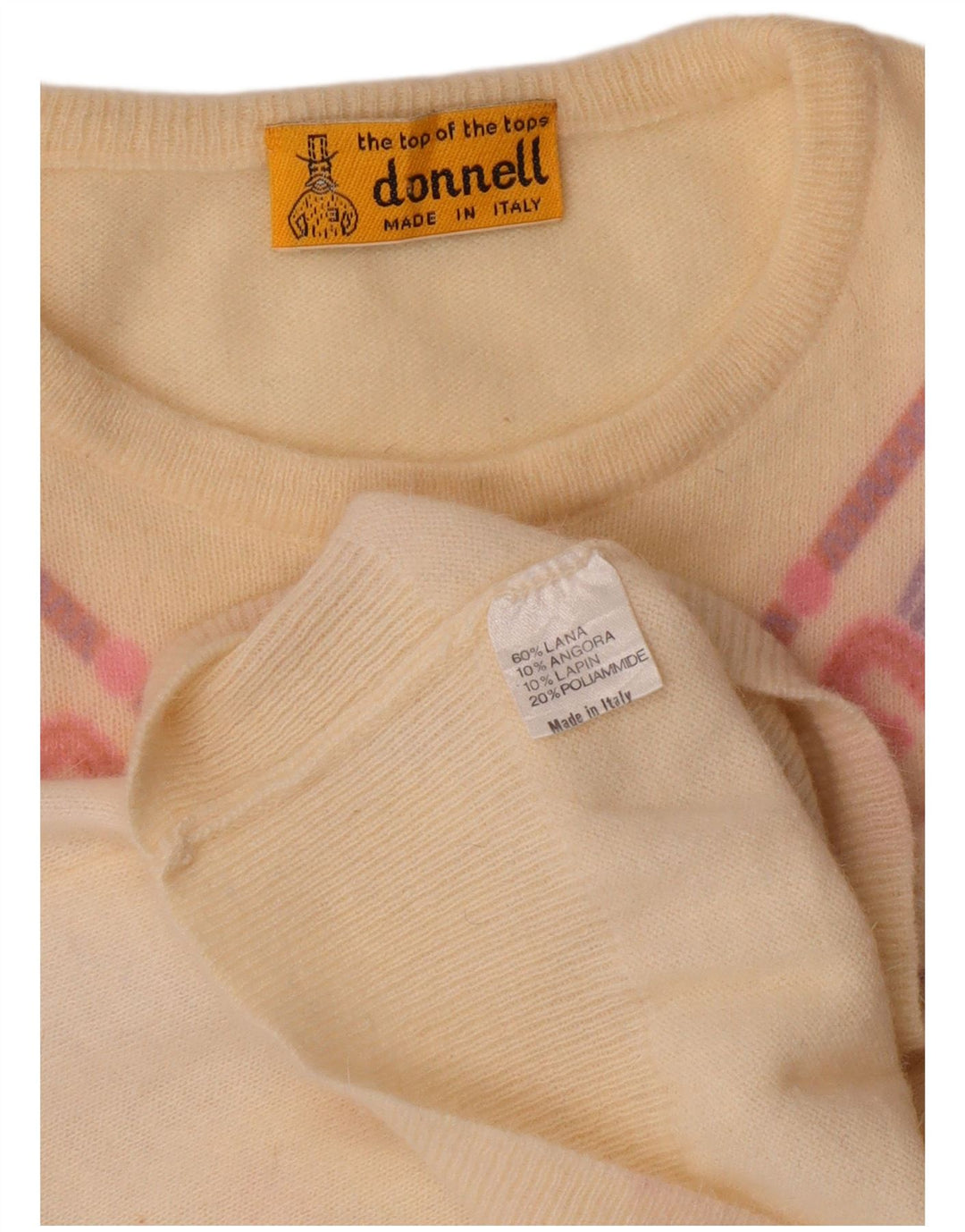 VINTAGE Dame sweater med rund hals DK 16 Stor Off White Geometrisk