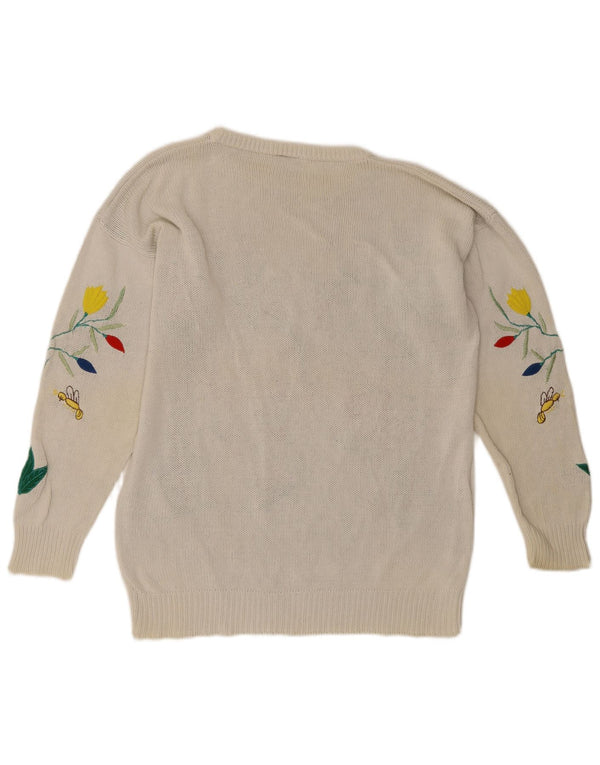 Vintage Kvinders Grafisk Boat Neck Jumper Sweater UK 14 Large White Floral