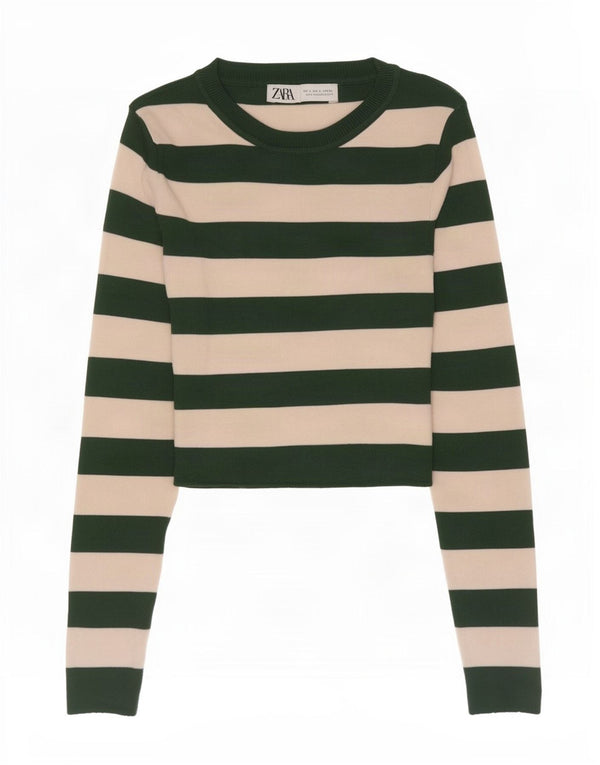 Zara Dame Crop Top Langærmet UK 8 Lille Grøn Stribet Viscose