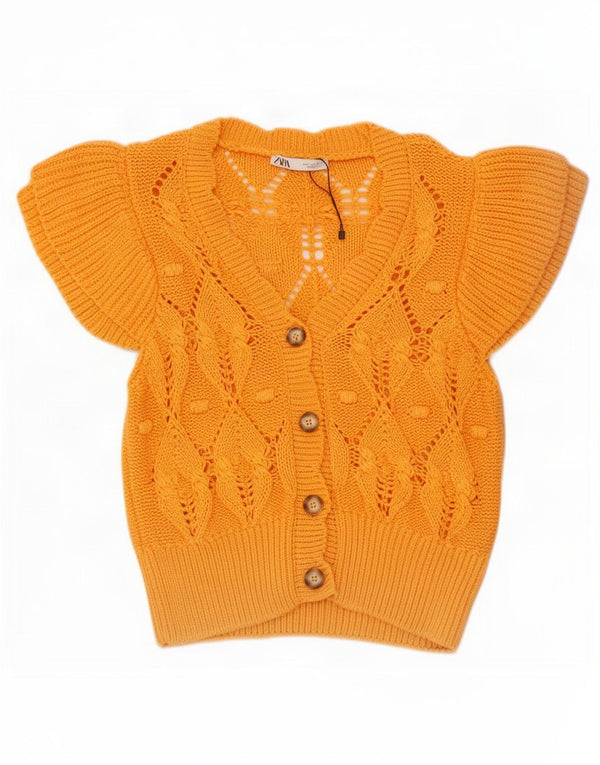 Zara Womens Short Sleeve Cardigan Sweater UK 14 Large Yellow Cotton
