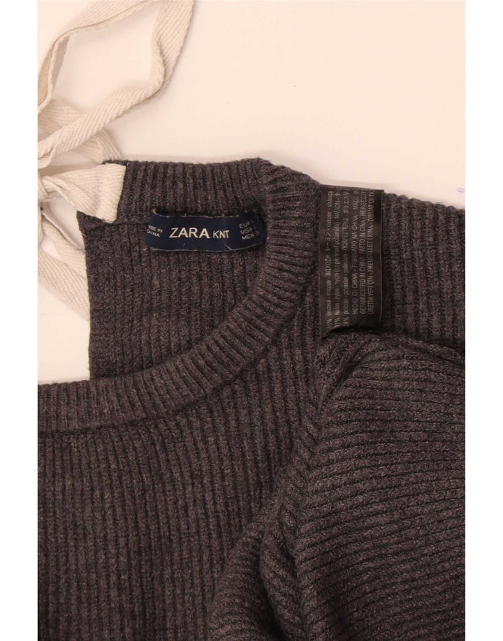 Zara Womens Crop Oversized Boat Neck Jumper Sweater UK 10 Small Grey