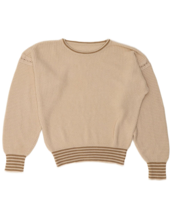 VINTAGE Womens Crop Jumper Sweater med rund hals DK 16 Stor Off White Stribet