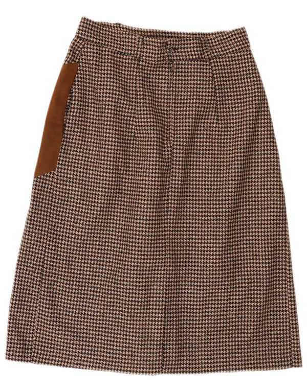Vintage kvinders højtaljede midi-nederdel IT 46 Large W28 Brown Houndstooth Wool