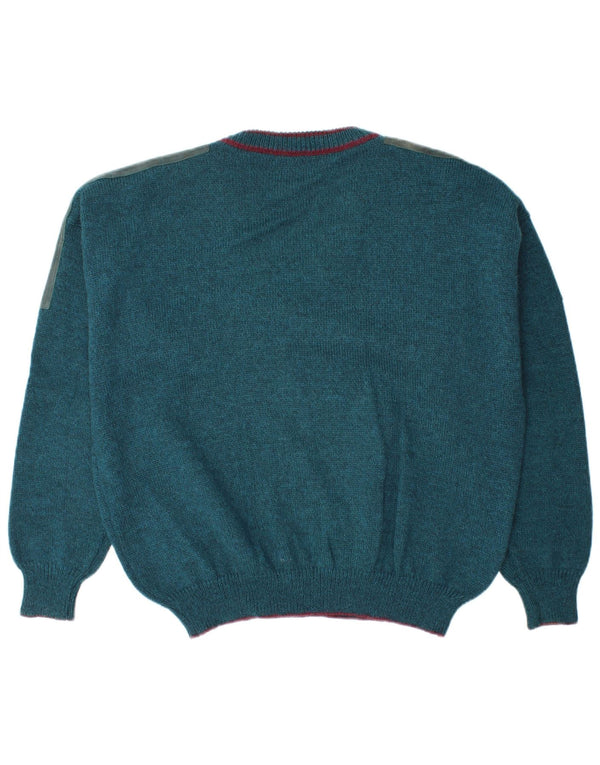 Vintage Herre V-hals sweater Stor Blå Colourblock Uld