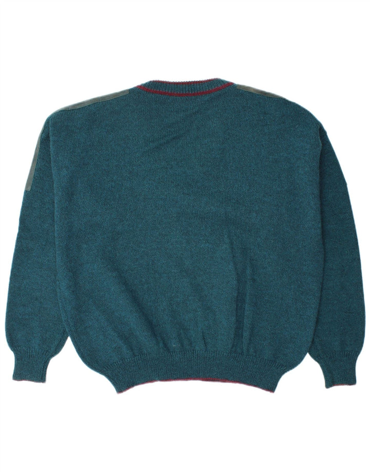 Vintage Herre V-hals sweater Stor Blå Colourblock Uld