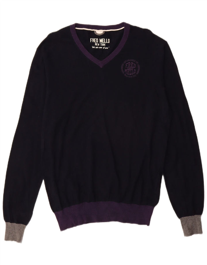Fred Mello Herre V-hals sweater Stor Marineblå Colourblock Bomuld
