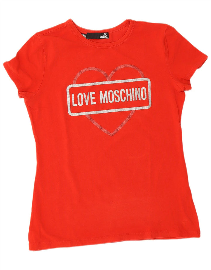 Moschino Dame Grafisk T-Shirt Top UK 12 Medium Rød Bomuld
