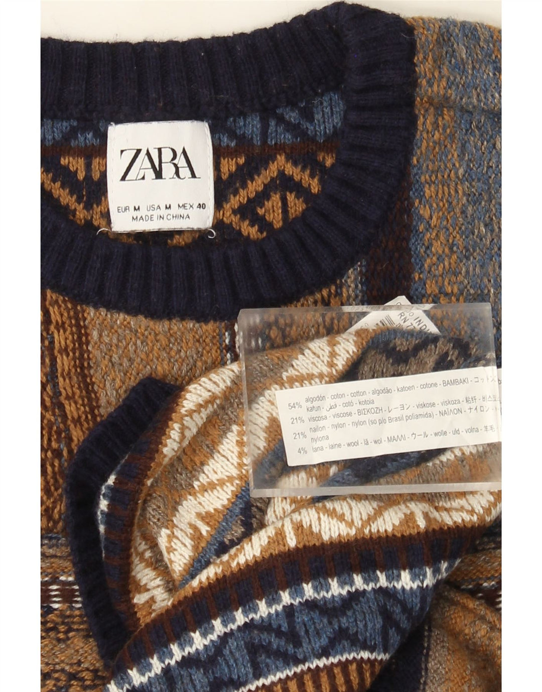 Zara Herre trøjetrøje med rund hals Medium Beige Fair Isle Bomuld