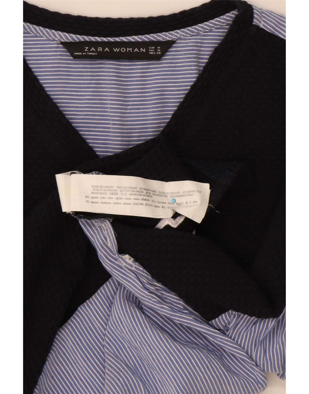 Zara Graphic Pullover Shirt UK 12 Medium Blue Pinstripe Bomuld