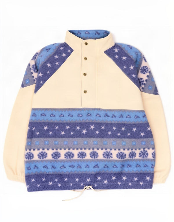 Vintage Herre Button Neck Fleece Jumper Large Off White Fair Isle Polyester