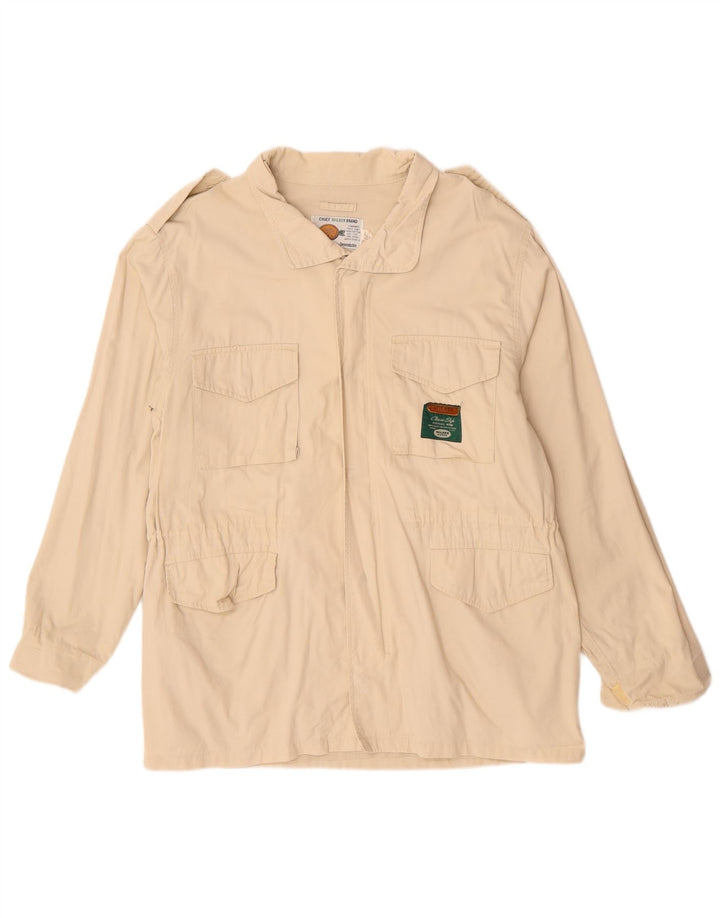 VINTAGE Herre Military Jacket UK 40 Stor Beige Bomuld