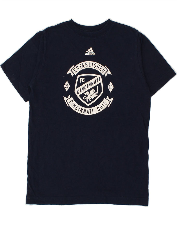 ADIDAS Boys Graphic T-Shirt Top 9-10 Years Medium Navy Blue Cotton Vintage Adidas and Second-Hand Adidas from Messina Hembry 