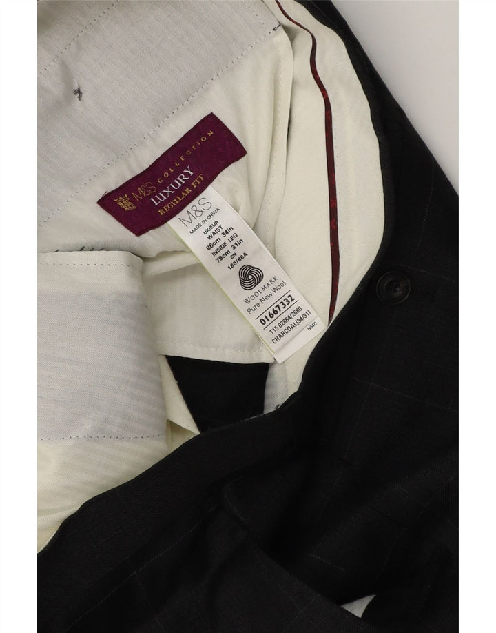 MARKS & SPENCER Herre Regular Fit Suit Bukser W34 L31 Grå ternet uld