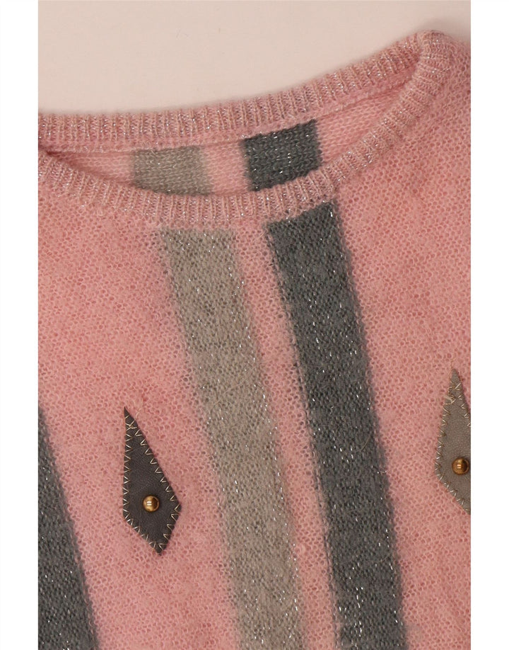 Vintage dame sweater med rund hals, UK 14 Medium Pink stribet