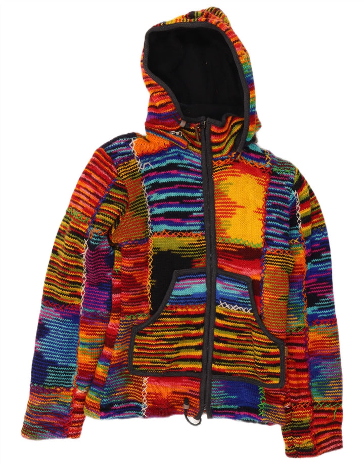 VINTAGE Dame hætte cardigan sweater UK 12 Medium Flerfarvet Stribet