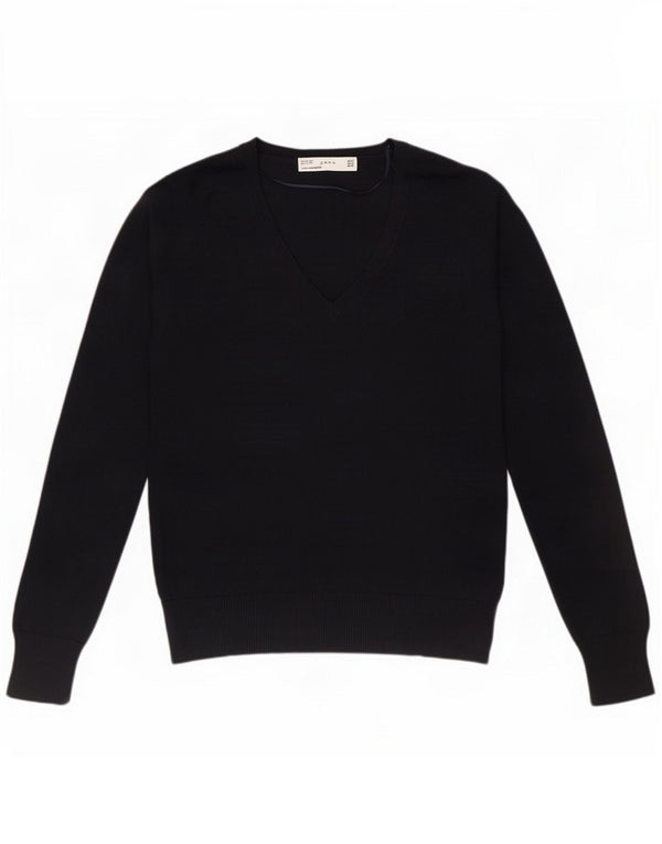 Zara Dame V-hals sweater UK 12 Medium Navy Blue Cotton