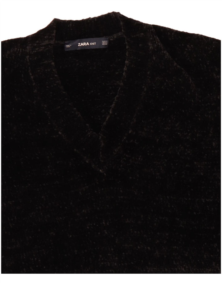 Zara Dame Velour Oversized V-hals Jumper Sweater UK 10 Small Black