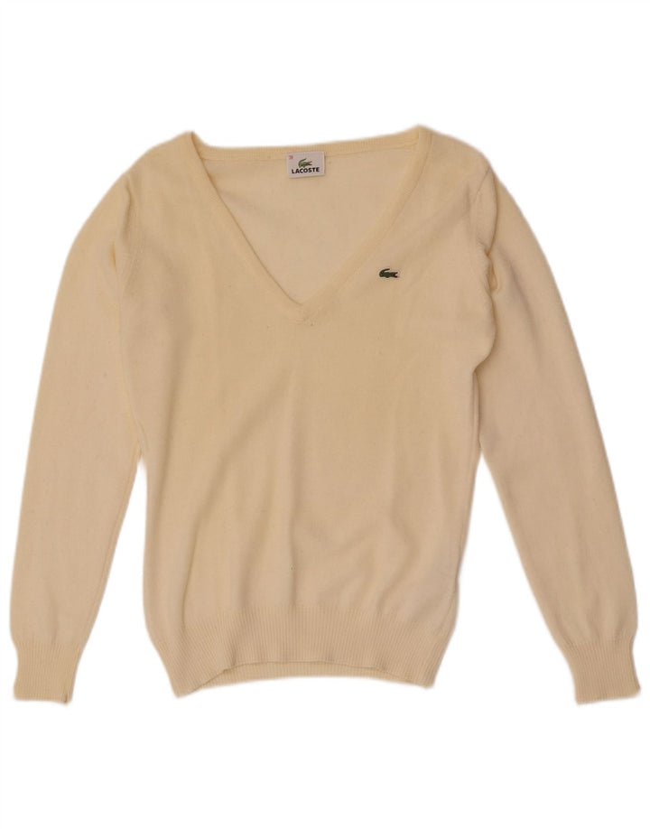 Lacoste Dame V-hals sweater Størrelse 38 Medium Off White Uld