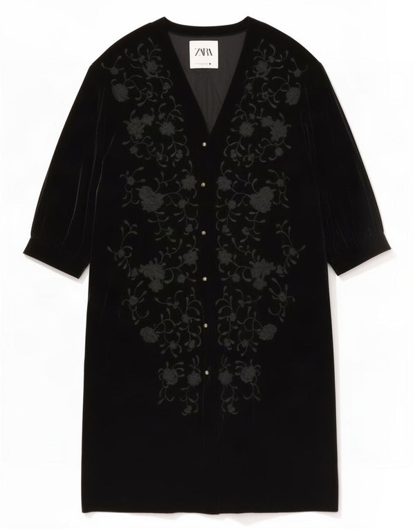 Zara Womens Oversized Long Sleeve Velvet Maxi Dress UK 6 XS Black Floral