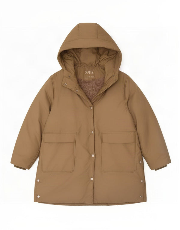 Zara Pige Hætte Sherpa Polstret Jakke 11-12 År Khaki Nylon