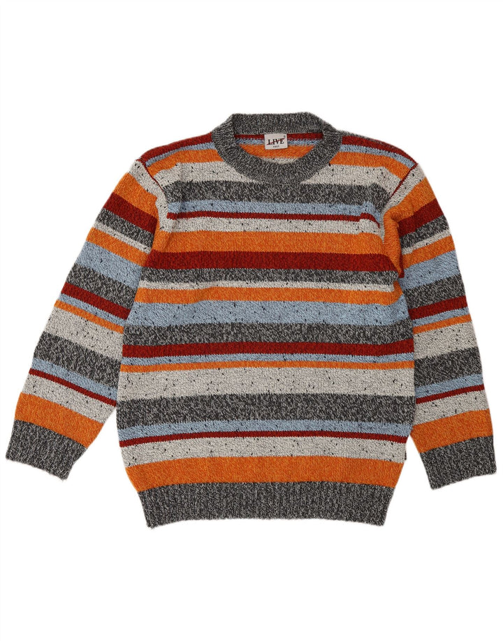 Vintage herretrøje med rund hals, stor, flerfarvet stribet, uld