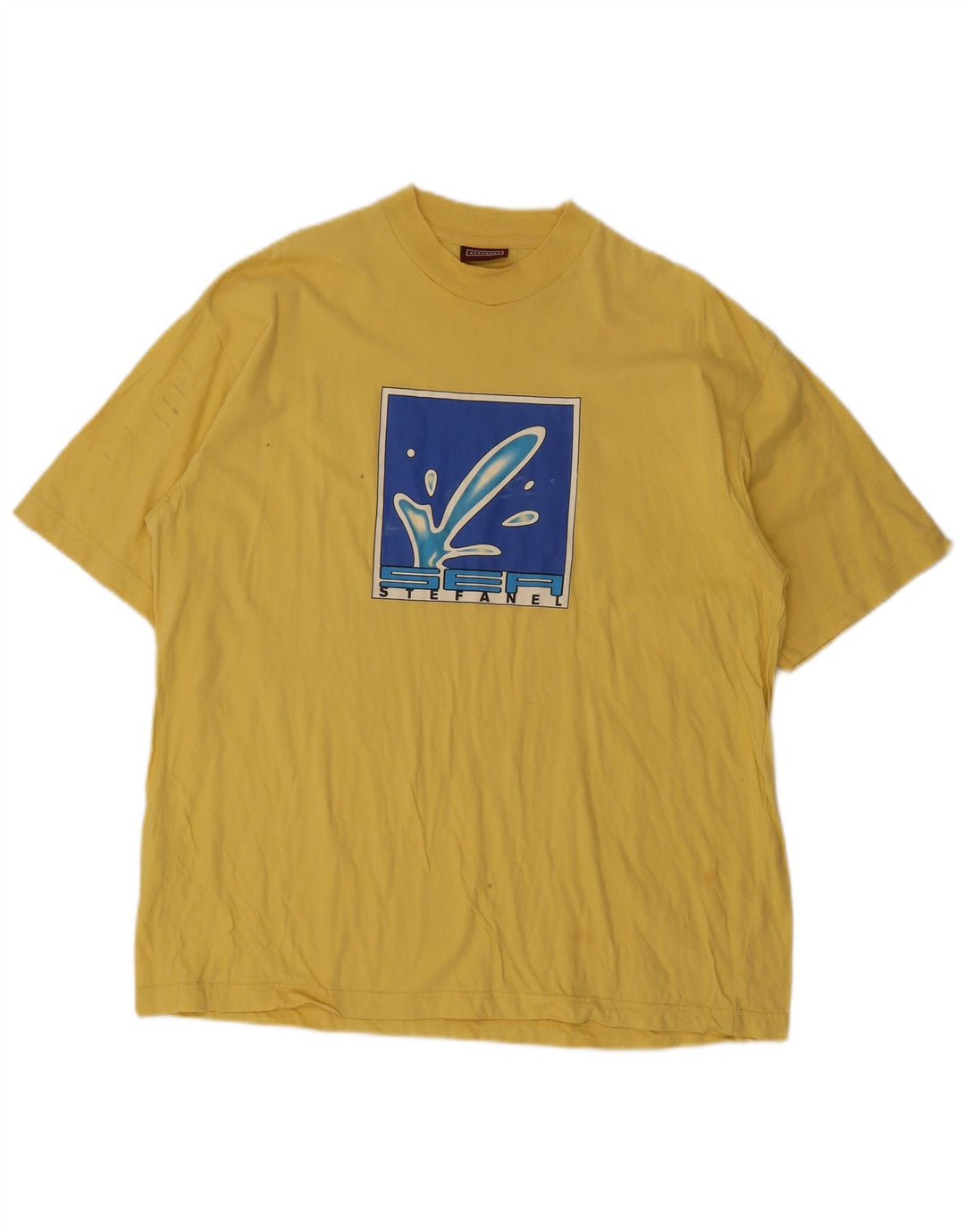 Stefanel Herre Grafisk T-Shirt Top Stor Gul Bomuld