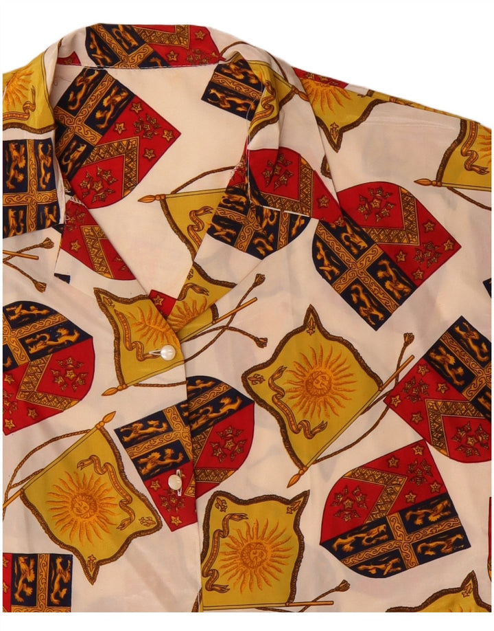 Vintage kvinders beskæring abstrakt mønster skjorte bluse UK 14 Large Off White