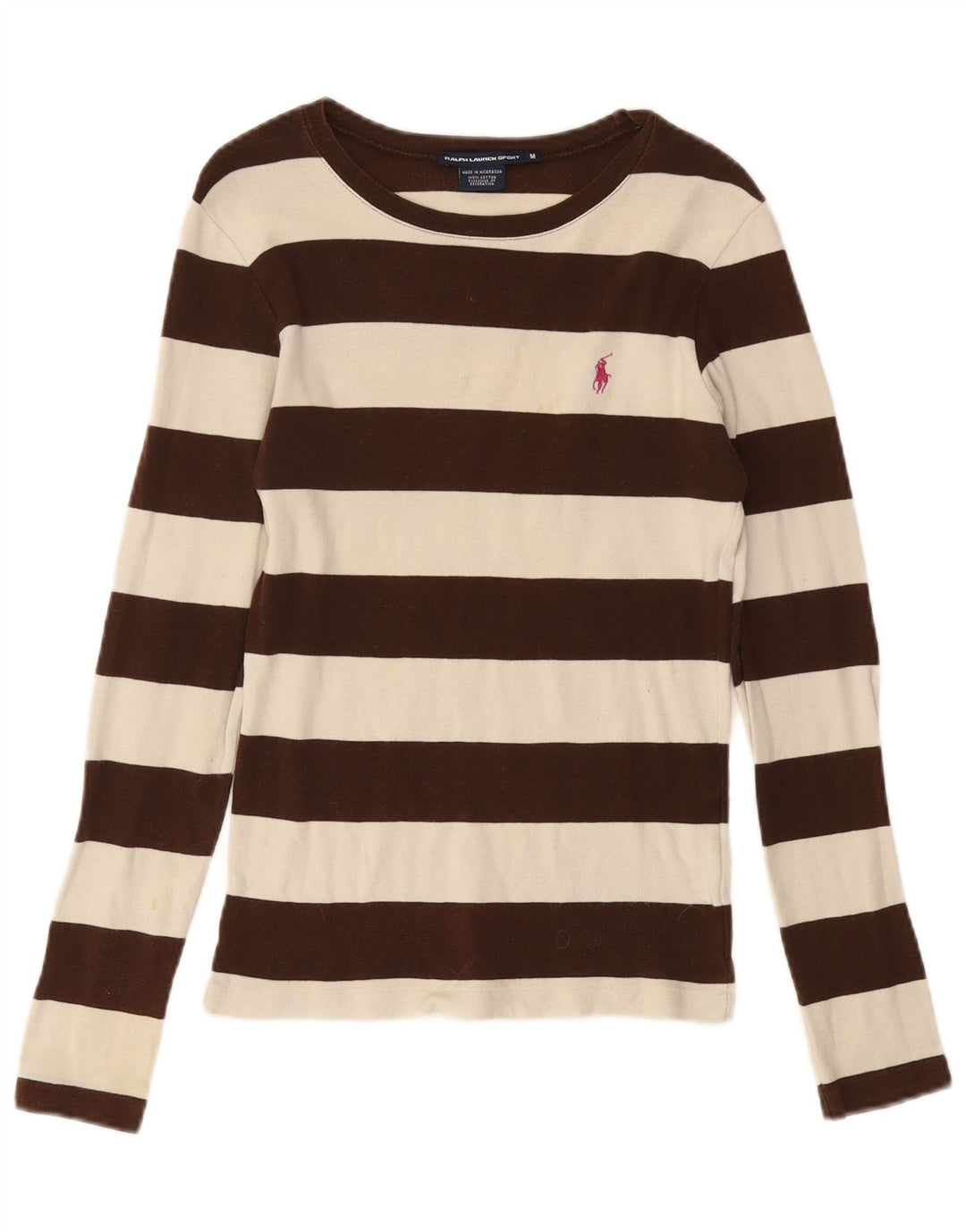 RALPH LAUREN Dame Top Langærmet UK 14 Medium Brun Stribet Bomuld
