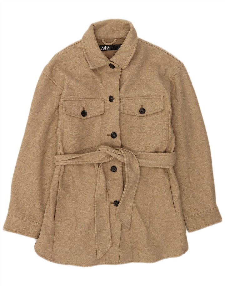 Zara Dame Overfrakke UK 14 Medium Beige Flecked Polyester