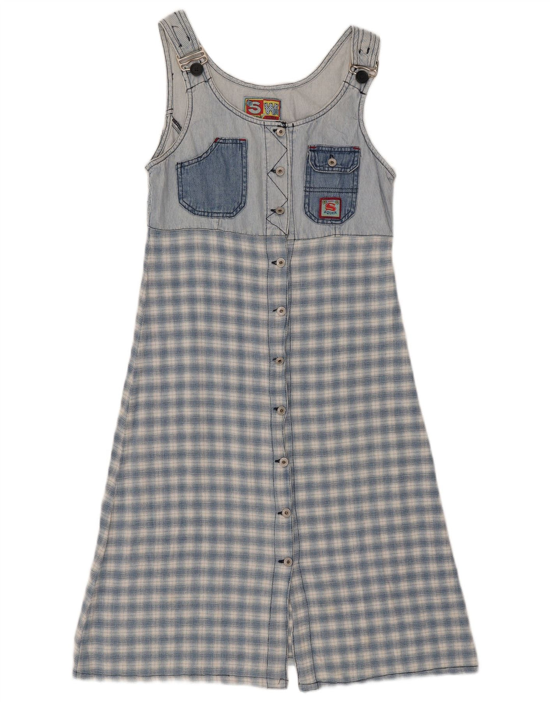 SQUAW Dame ærmeløs denimkjole UK 10 Small Blue Check