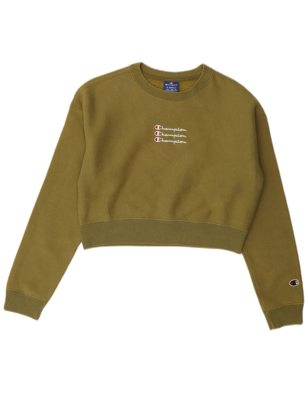 Champion Womens Crop Graphic Oversized Sweatshirt Jumper UK 6 XS Khaki
