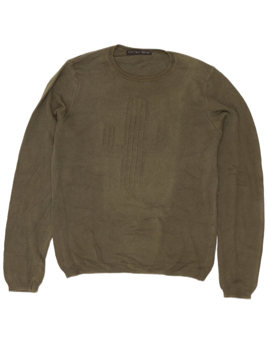 ZARA Herre grafisk rund hals sweater medium Khaki Bomuld