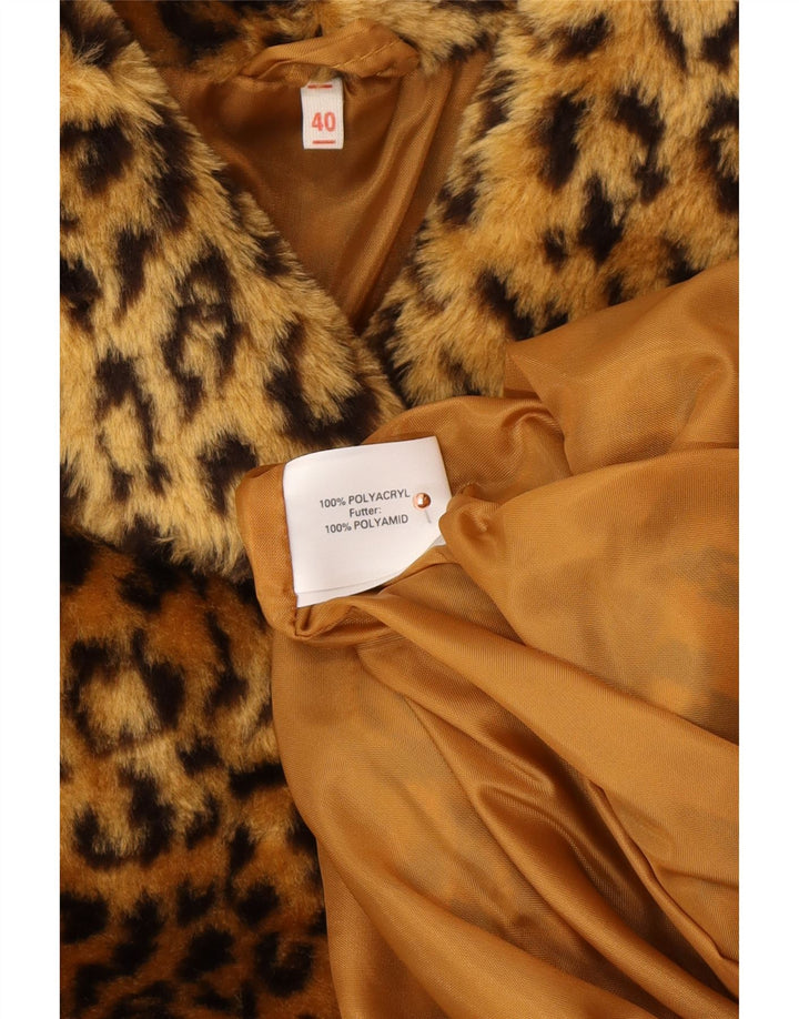 VINTAGE Dame Oversized Faux Fur Overcoat EU 40 Medium Brown Animal Print