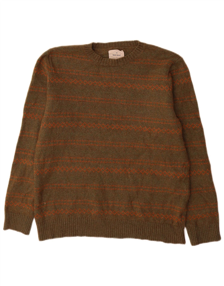 White Stuff Herre Crew Neck Jumper Sweater Medium Khaki stribet uld