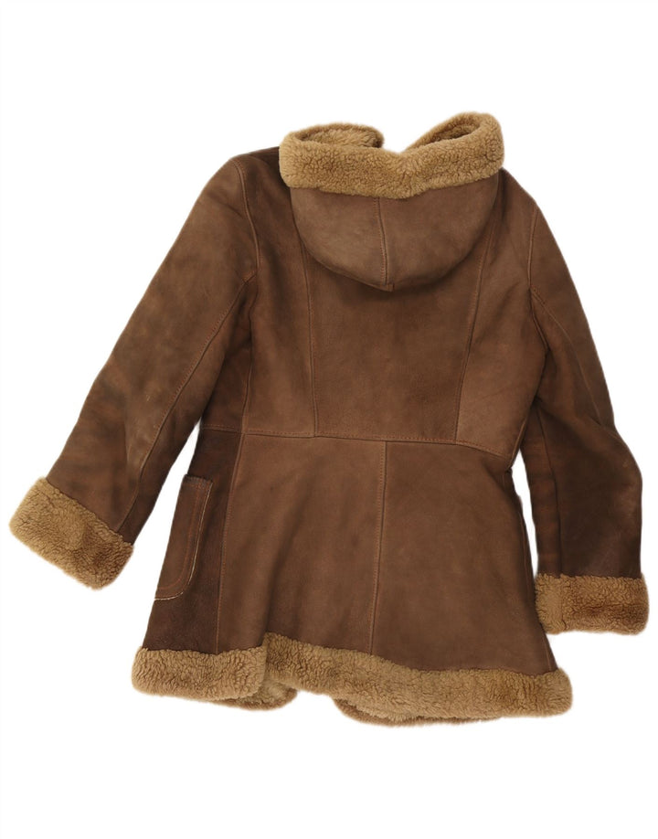 Vintage Dame Hætte Shearling Jacket UK 10 Lille brunt læder